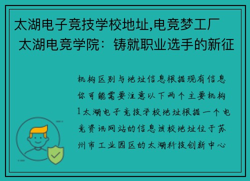 太湖电子竞技学校地址,电竞梦工厂  太湖电竞学院：铸就职业选手的新征途